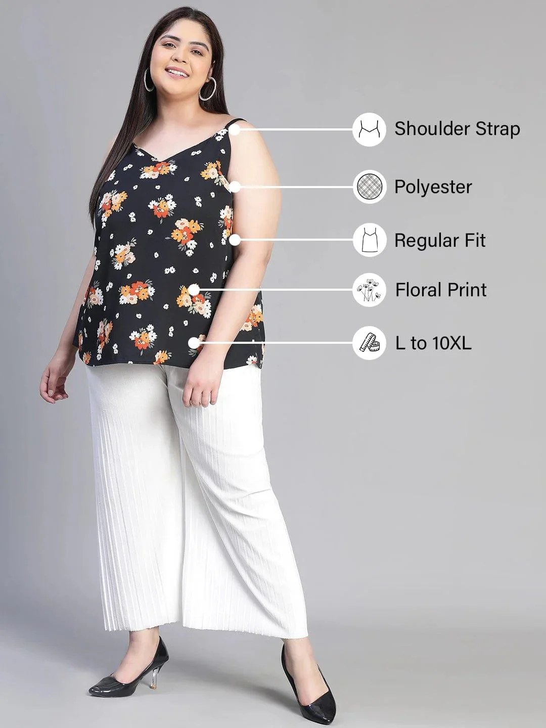Magnified Black Shoulder Strap Floral Print Plus Size Loopy Top - Image 2