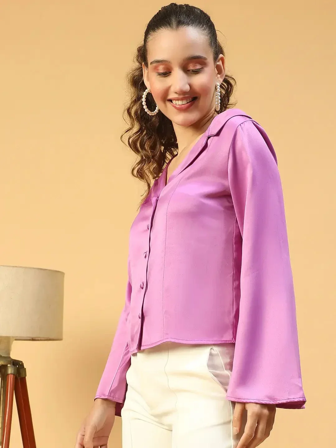 Magnify Purple Open Collar Long Sleeve Button Down Women Satin Shirt - Image 3