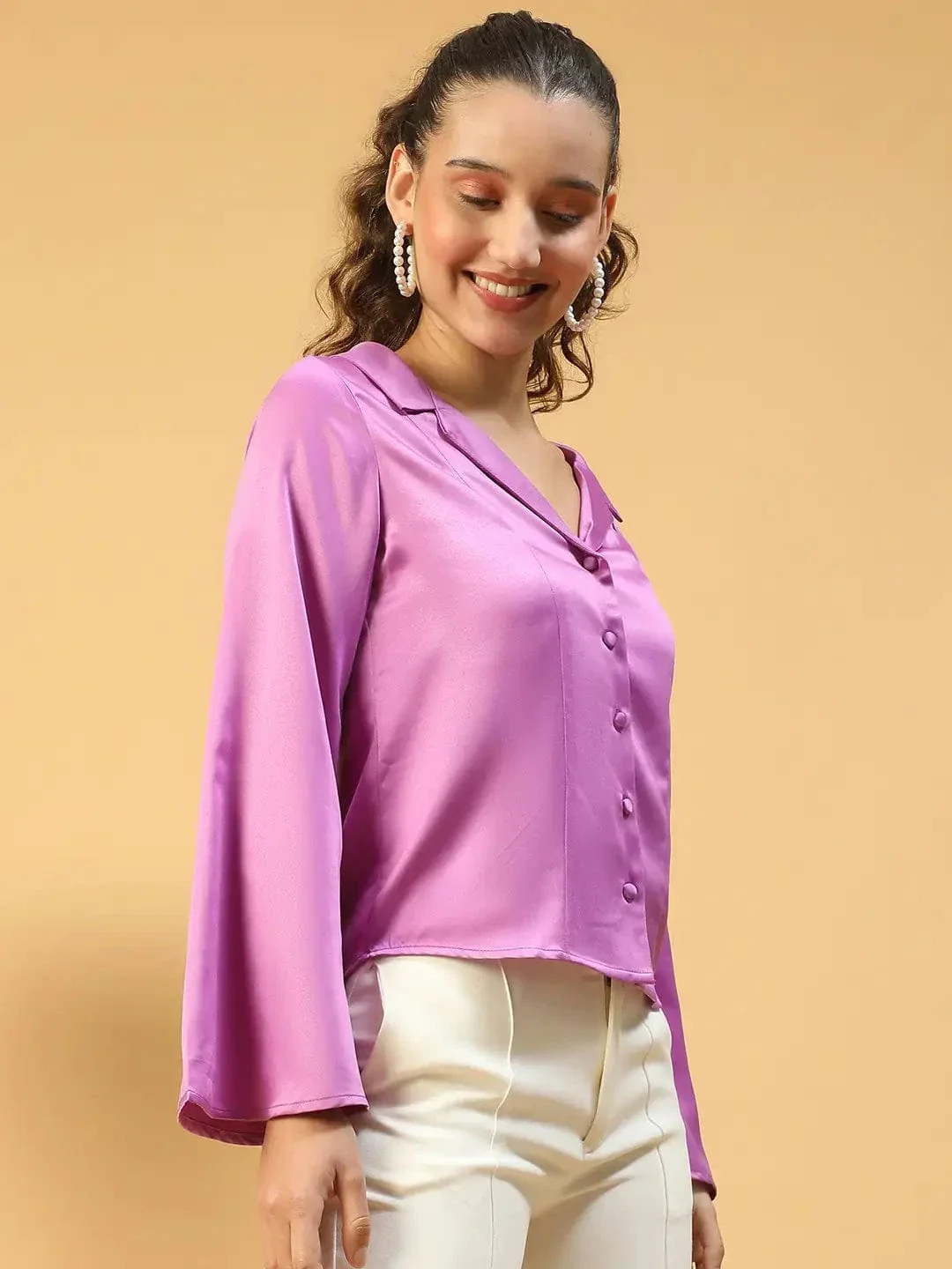 Magnify Purple Open Collar Long Sleeve Button Down Women Satin Shirt - Image 4