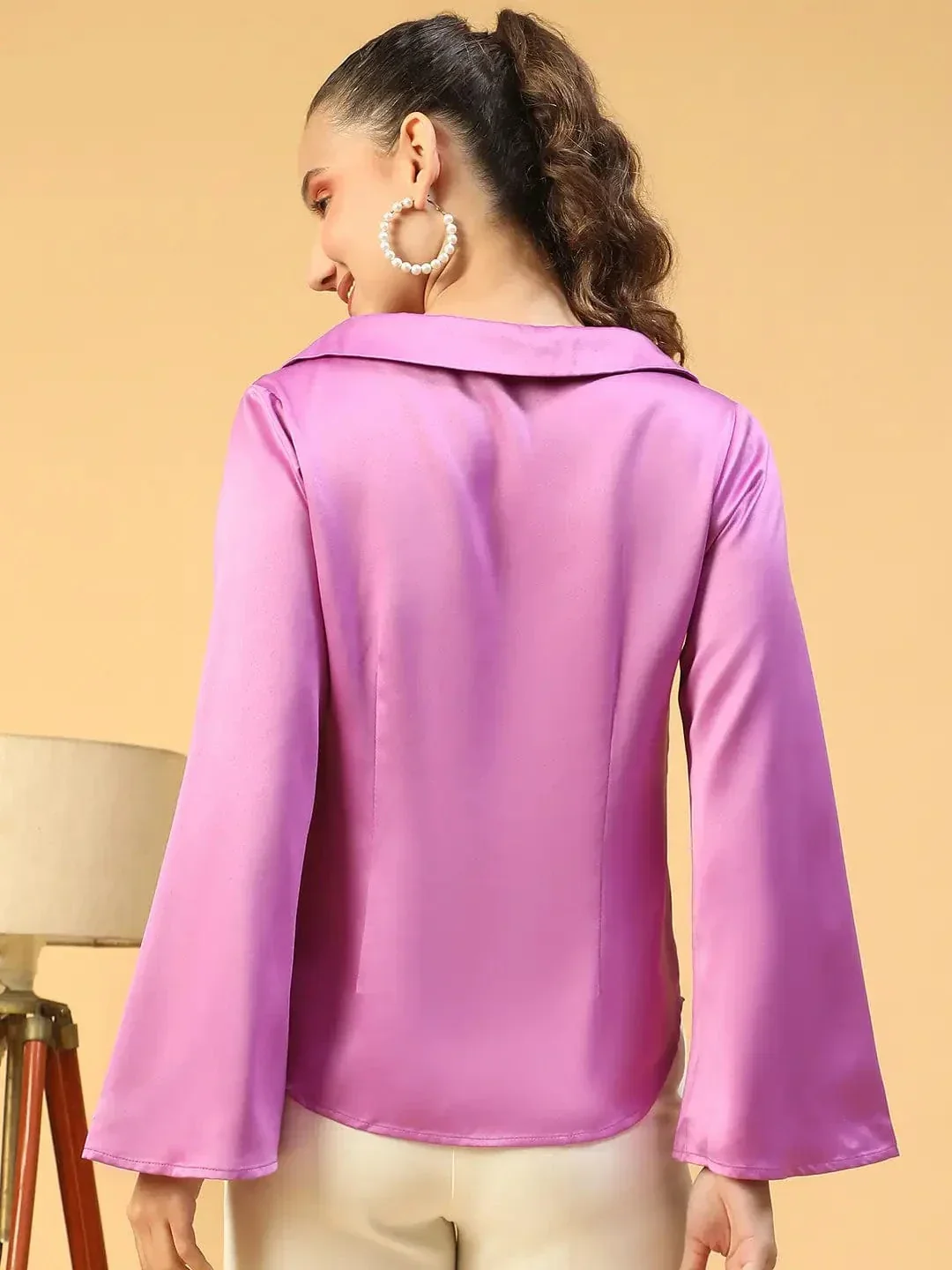 Magnify Purple Open Collar Long Sleeve Button Down Women Satin Shirt - Image 5