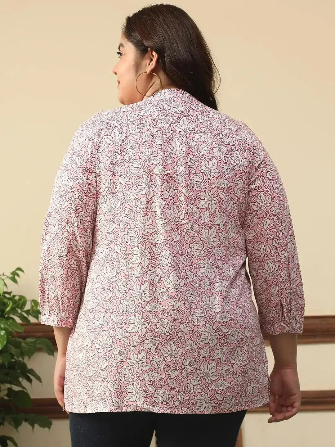 Majestic Pink Floral Rayon Print Plus Size Women Top With Button Front, Pleated Details, And Long Sleeves. - Image 5
