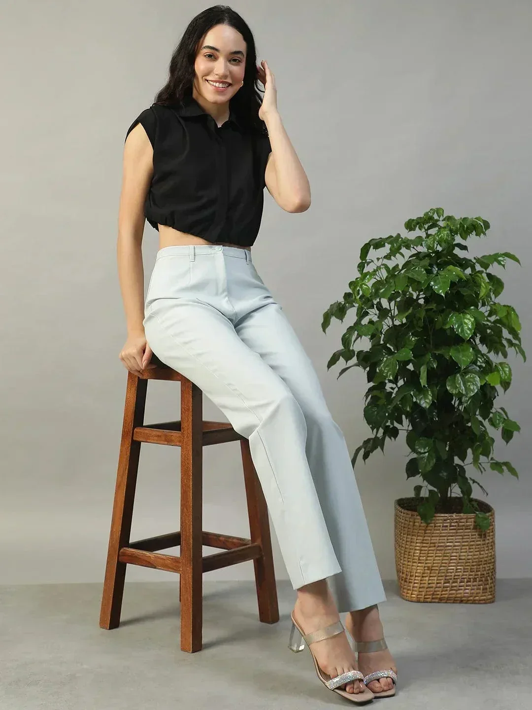 Major Solid Black Collared Short Sleeve Button Down Rivera Crepe Women Crop Shirt - Image 2