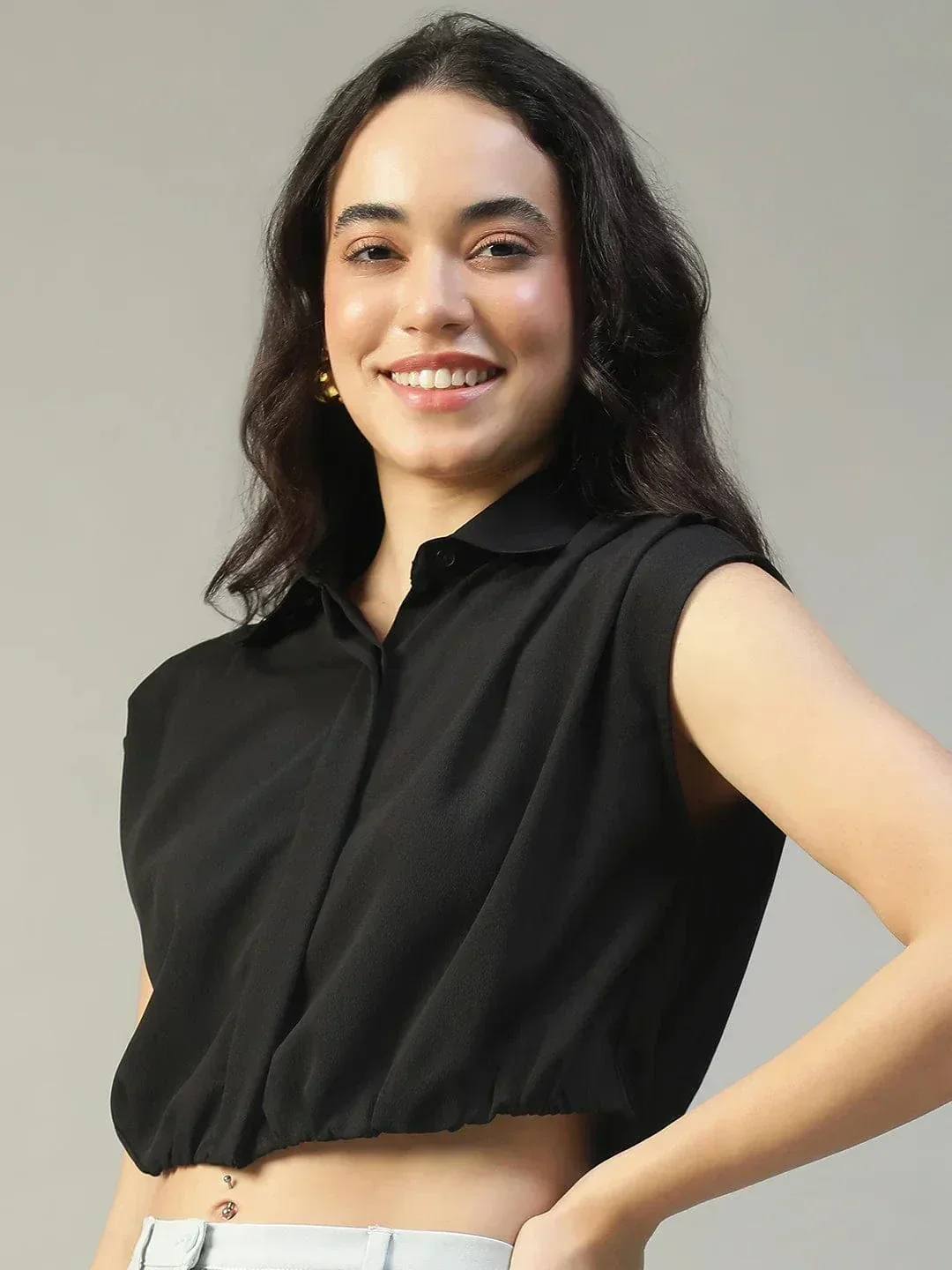 Major Solid Black Collared Short Sleeve Button Down Rivera Crepe Women Crop Shirt - Image 3