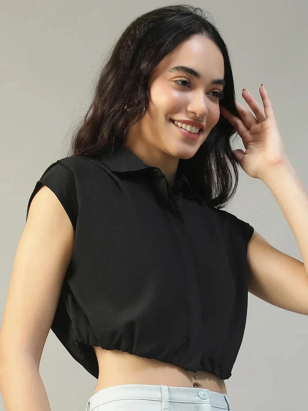 Major Solid Black Collared Short Sleeve Button Down Rivera Crepe Women Crop Shirt - Image 4