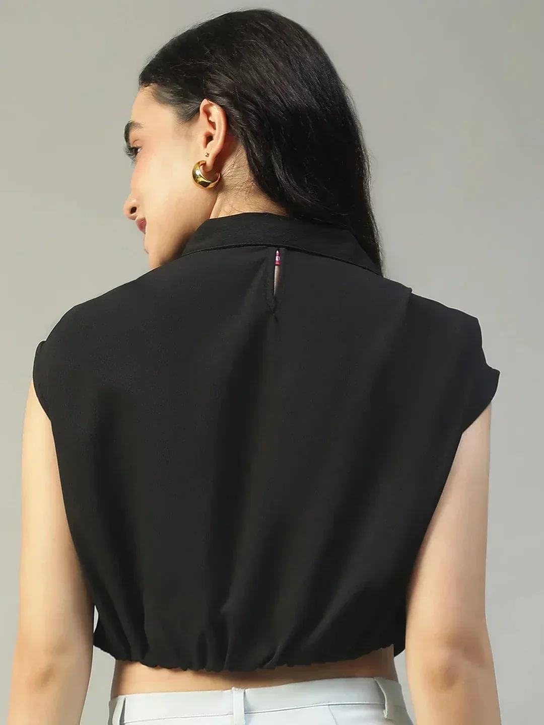 Major Solid Black Collared Short Sleeve Button Down Rivera Crepe Women Crop Shirt - Image 5
