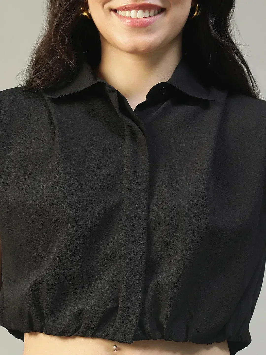 Major Solid Black Collared Short Sleeve Button Down Rivera Crepe Women Crop Shirt - Image 6