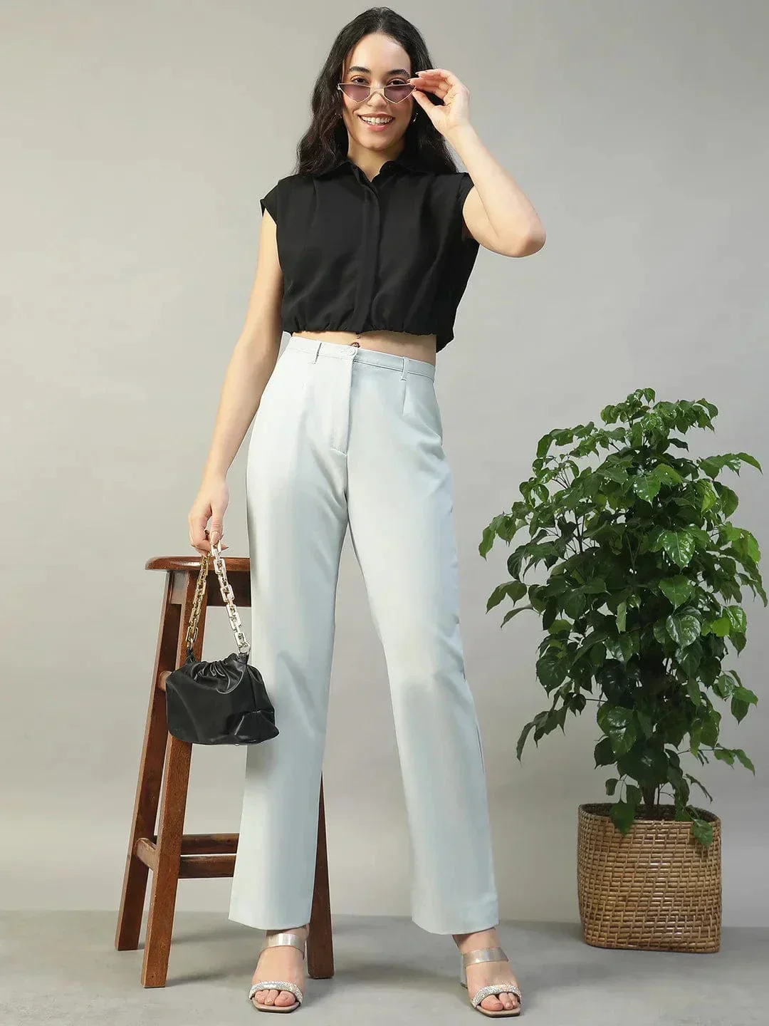Major Solid Black Collared Short Sleeve Button Down Rivera Crepe Women Crop Shirt - Image 7