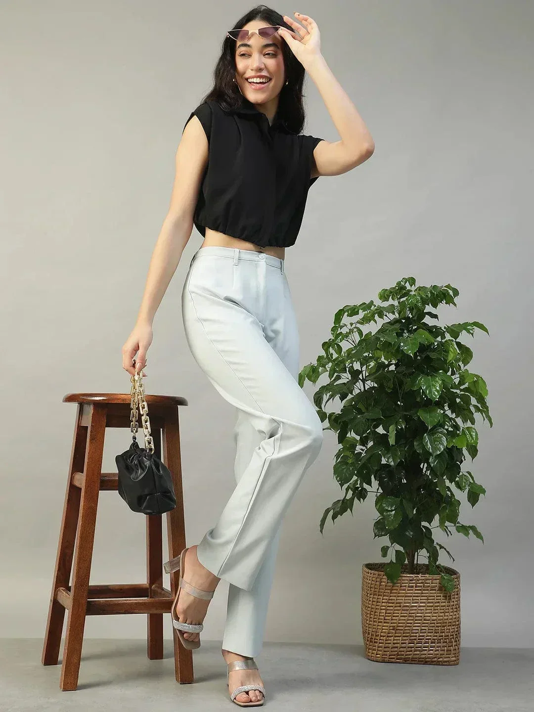 Major Solid Black Collared Short Sleeve Button Down Rivera Crepe Women Crop Shirt - Image 8