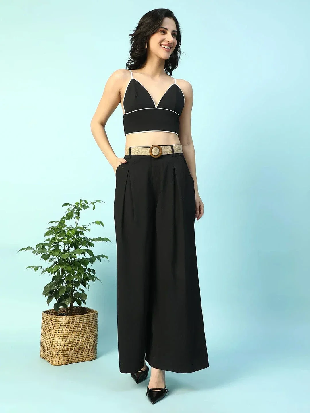 Major Solid Black Elasticated With Button Closure Long Flared Women Pant - Image 2