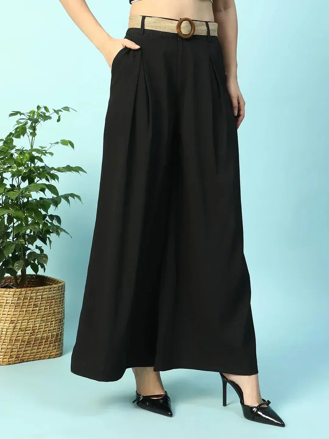 Major Solid Black Elasticated With Button Closure Long Flared Women Pant - Image 4