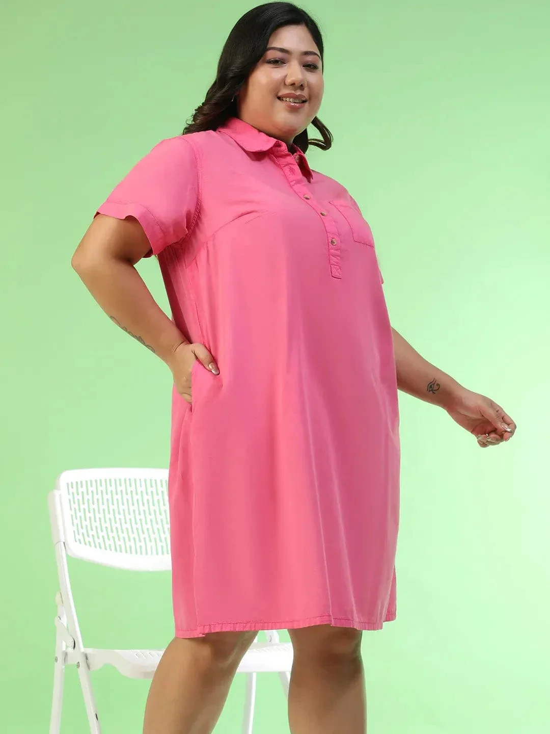 Mania Pink Collared Button Detail Short Sleeve Plus Size Women Cotton Dress - Image 4