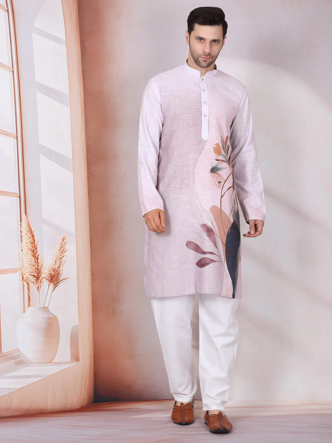 Marble Print Blue Long Kurta With White Elastic Waistband Pyjama Set - Image 24
