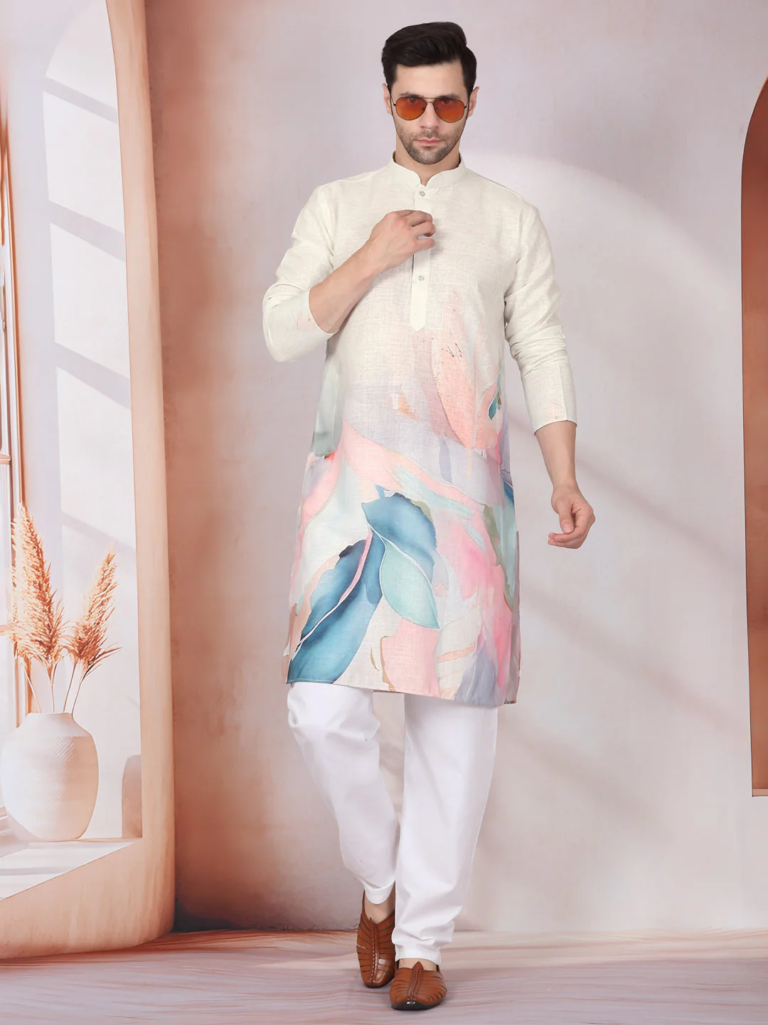 Marble Print Blue Long Kurta With White Elastic Waistband Pyjama Set - Image 25