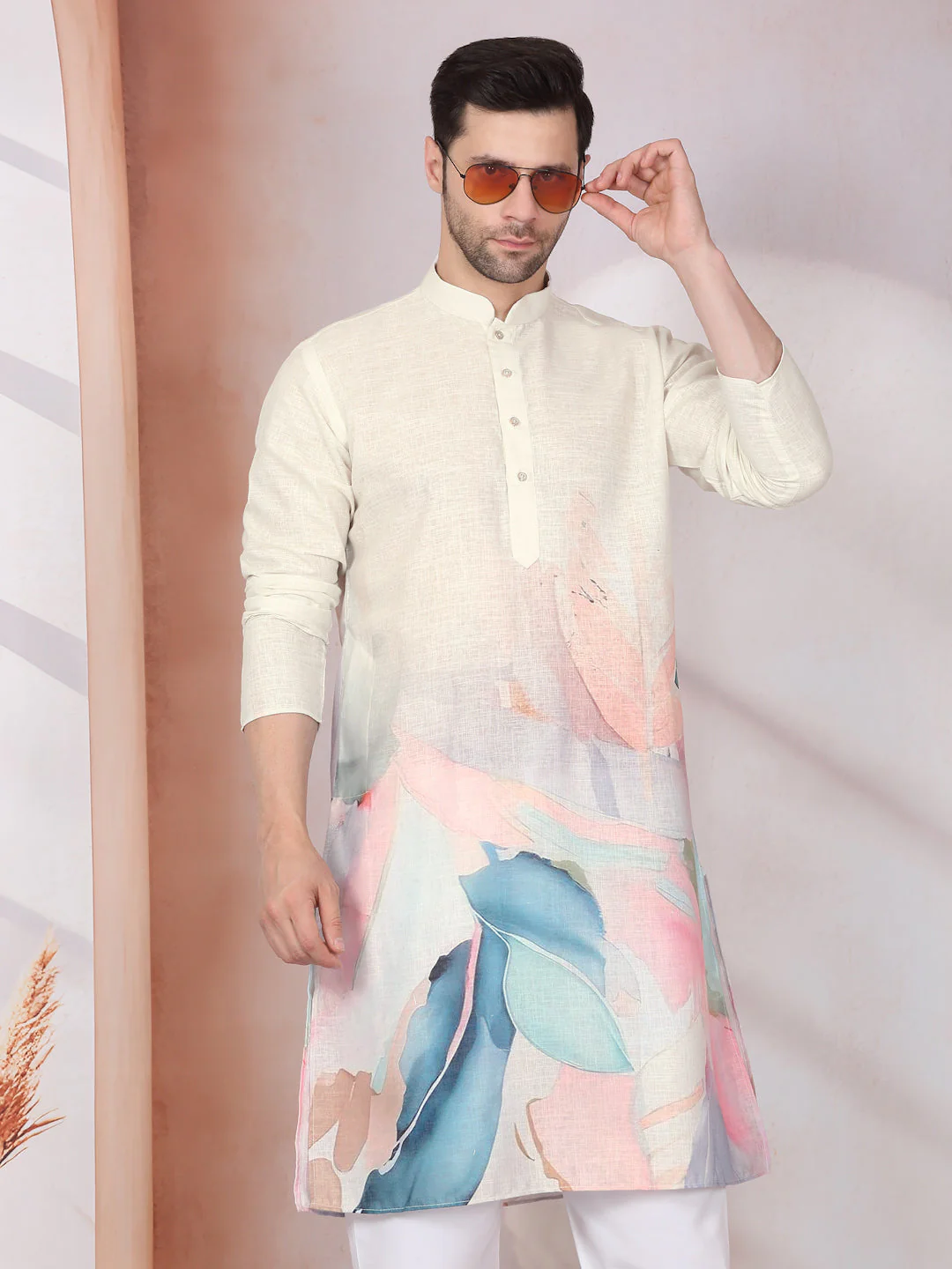 Marble Print Blue Long Kurta With White Elastic Waistband Pyjama Set - Image 30