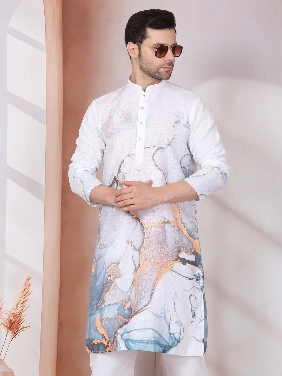 Marble Print Blue Long Kurta With White Elastic Waistband Pyjama Set - Image 37