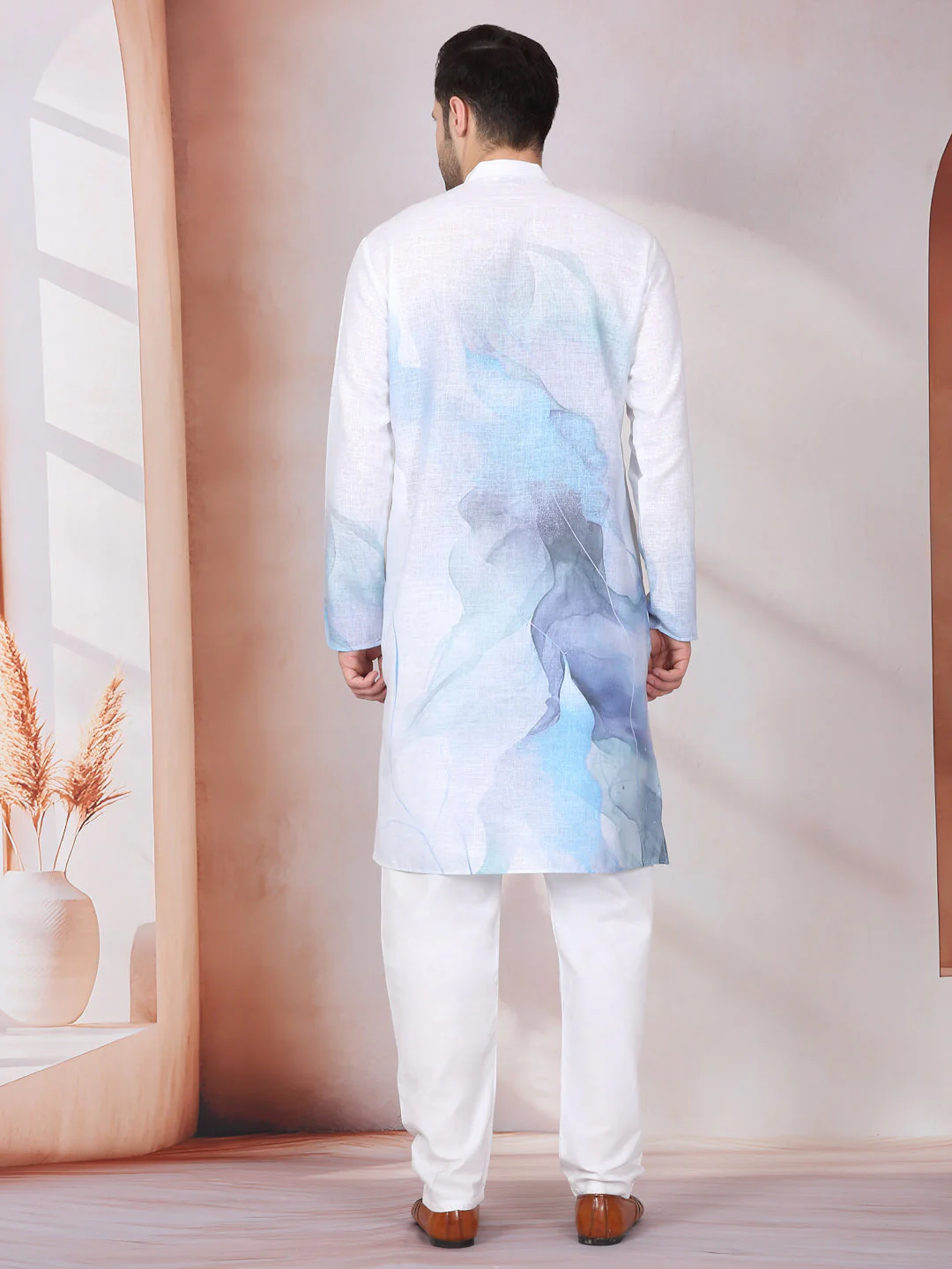 Marble Print Blue Long Kurta With White Elastic Waistband Pyjama Set - Image 8