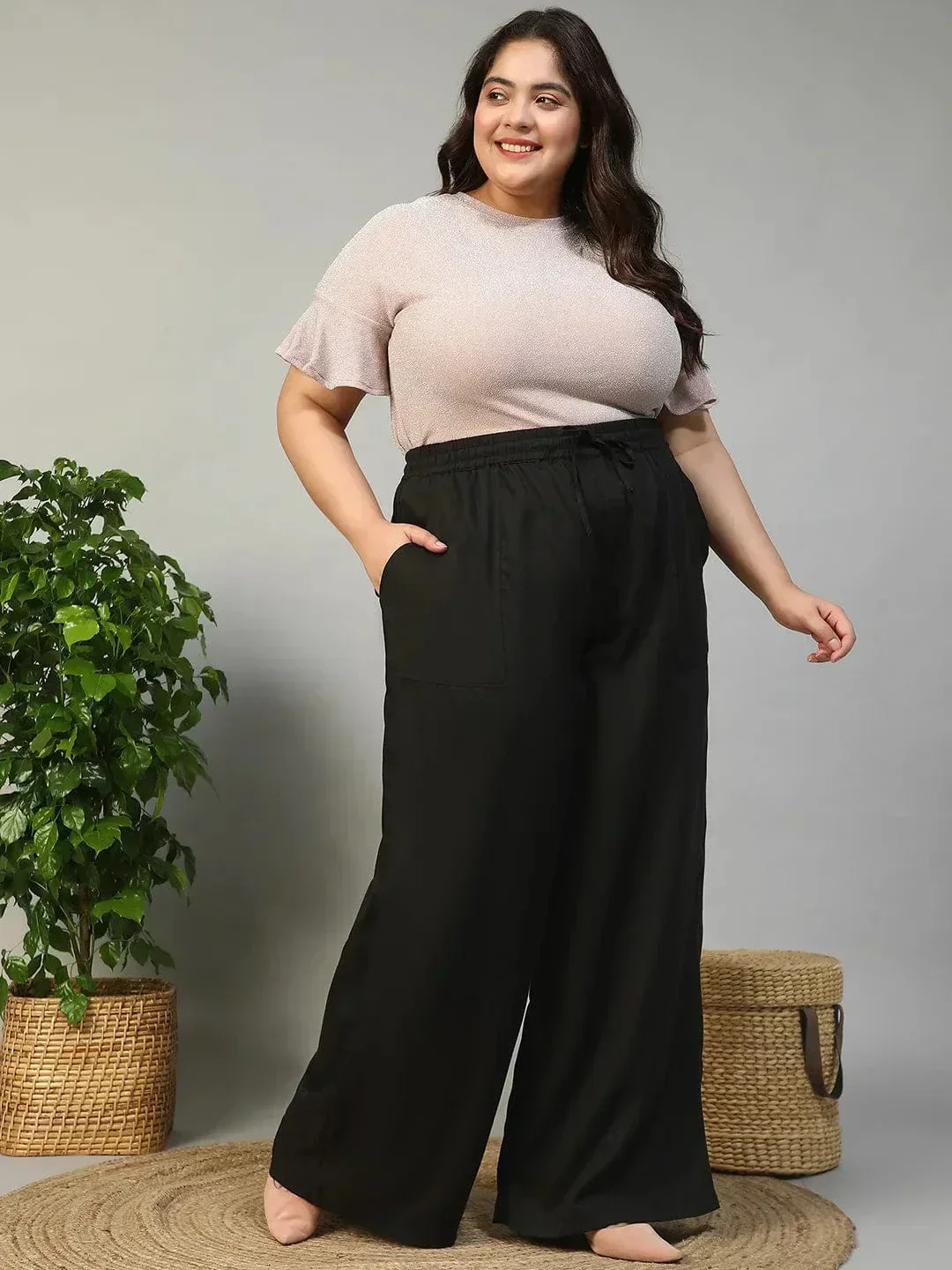 Marked Black Elasticated With Tie -Up Detail Plus Size Women Cotton Linen Flare Pant - Image 2