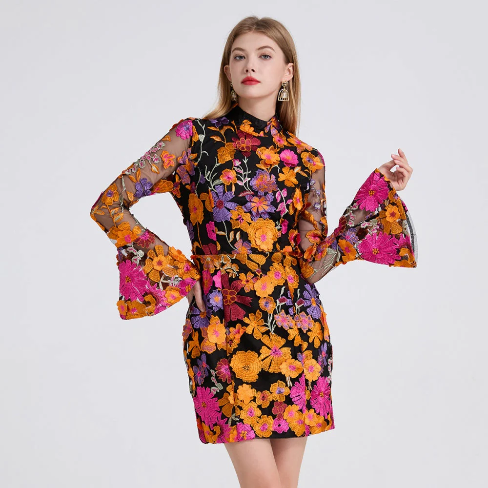Marolina Floral Embroidery Short Dress - Image 4