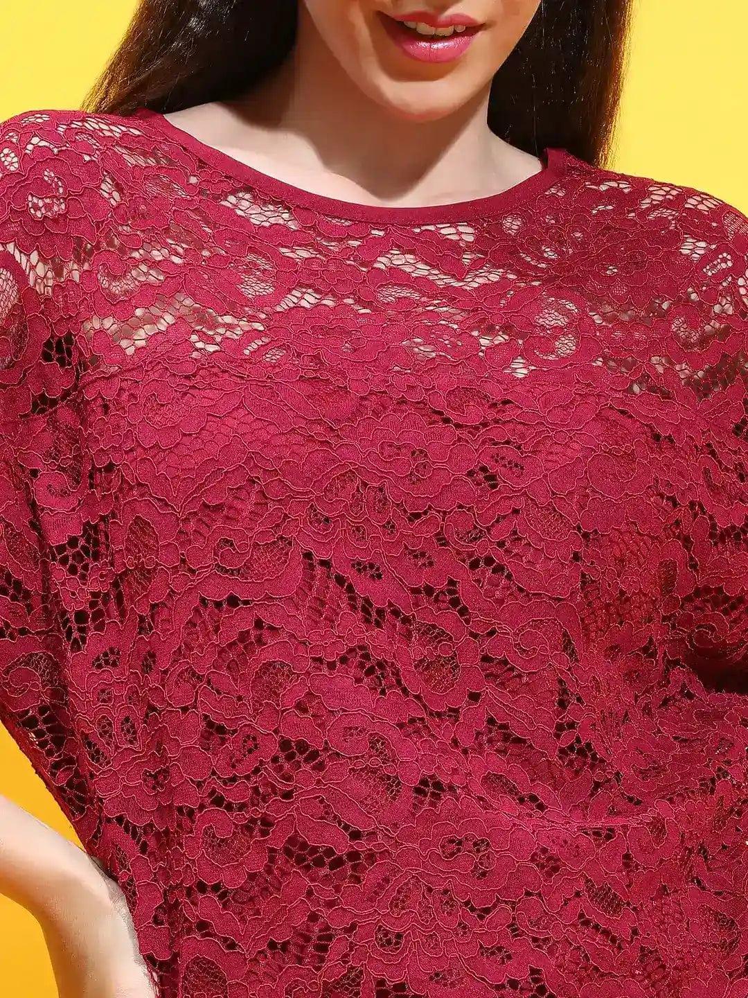 Maroon Color Short Sleeve Partywear Lace Women Top Today - Image 6