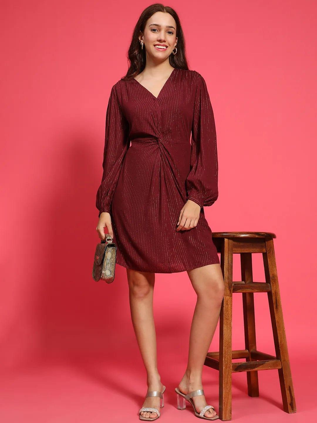 Maroon Long Sleeve Gathered Pleated Women Lurex Dress - Image 7