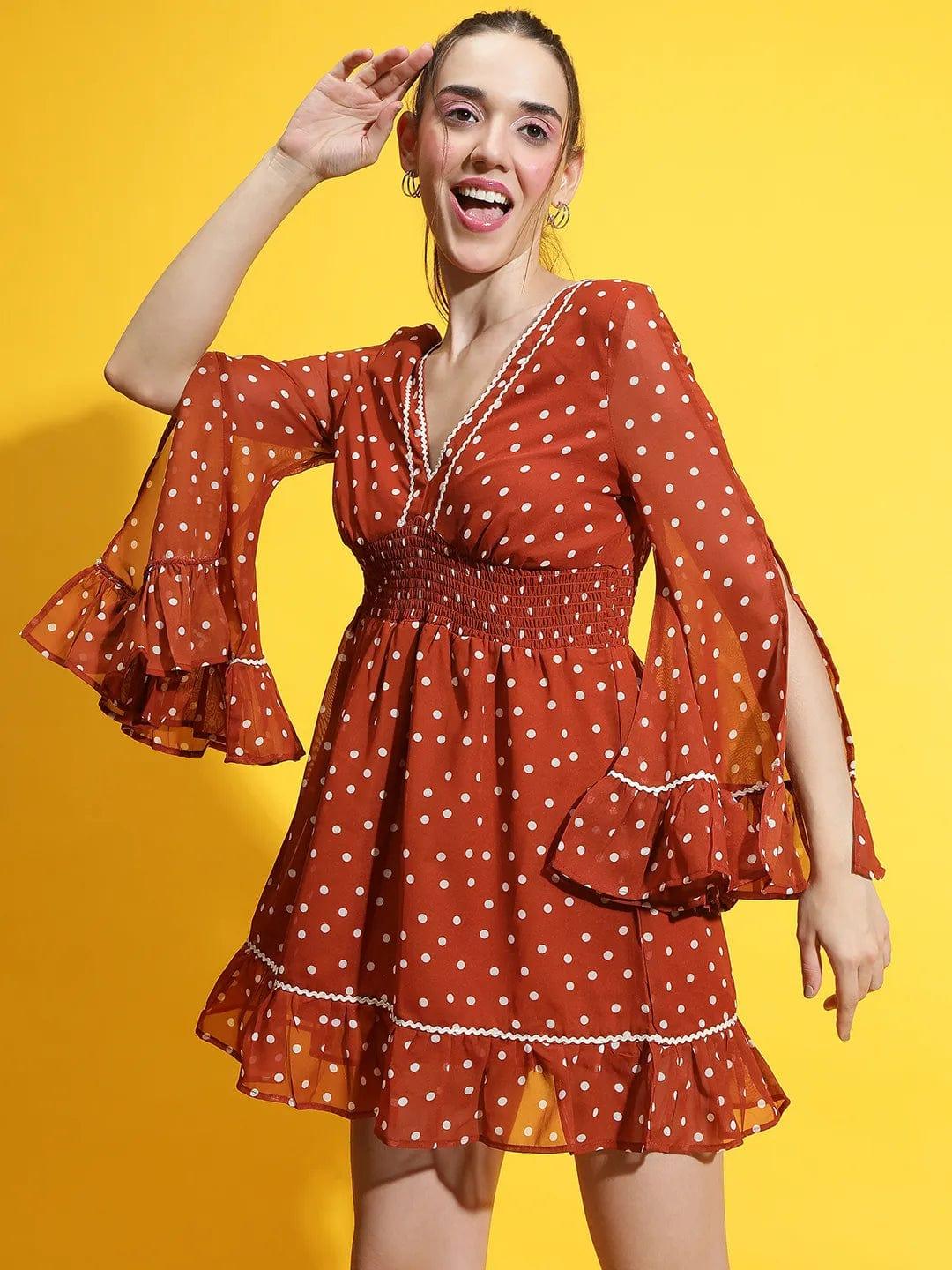 Matic Brown Polka Dot Print Smocked Lace Detailed Women Dress - Image 3
