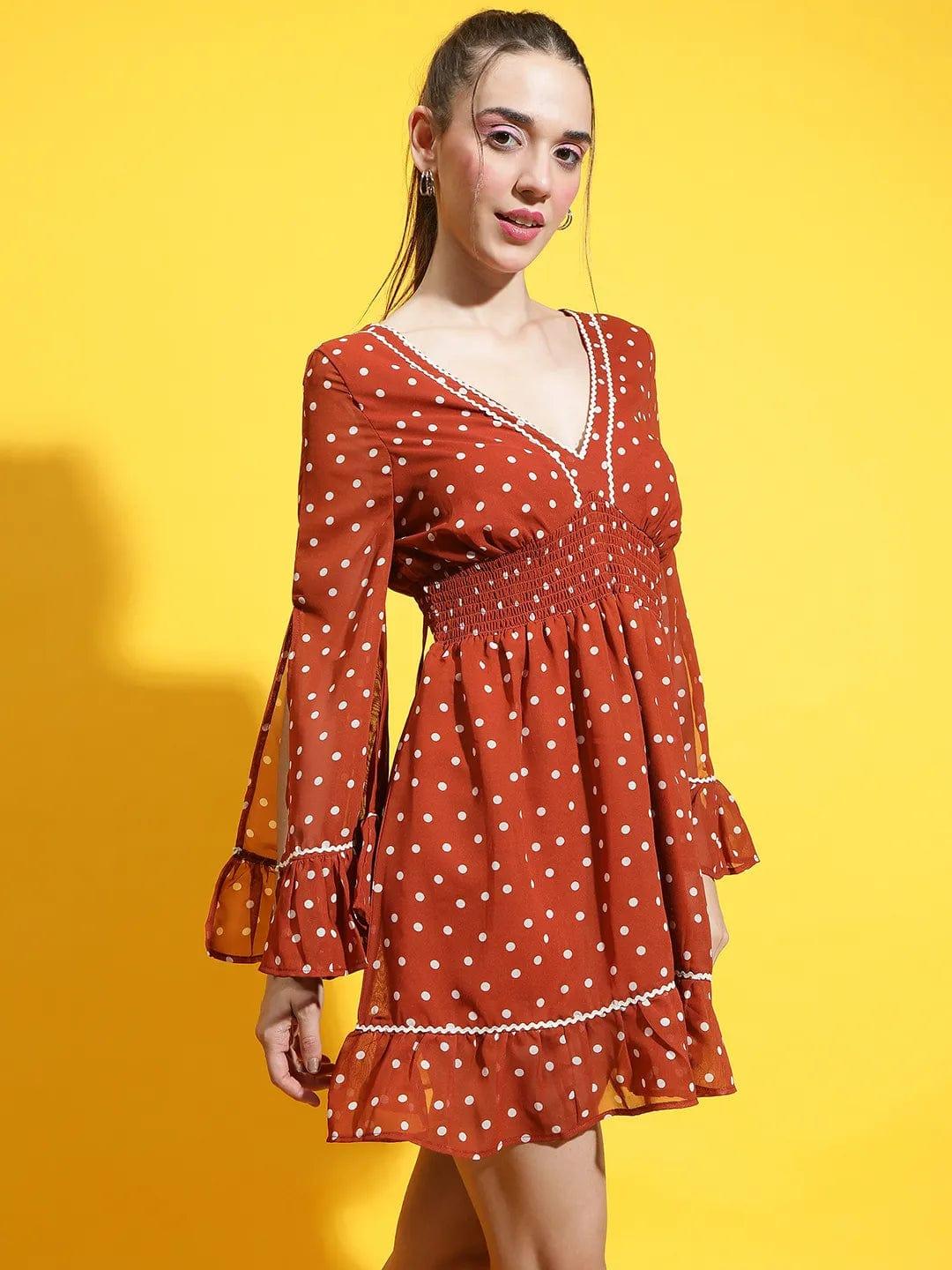 Matic Brown Polka Dot Print Smocked Lace Detailed Women Dress - Image 4
