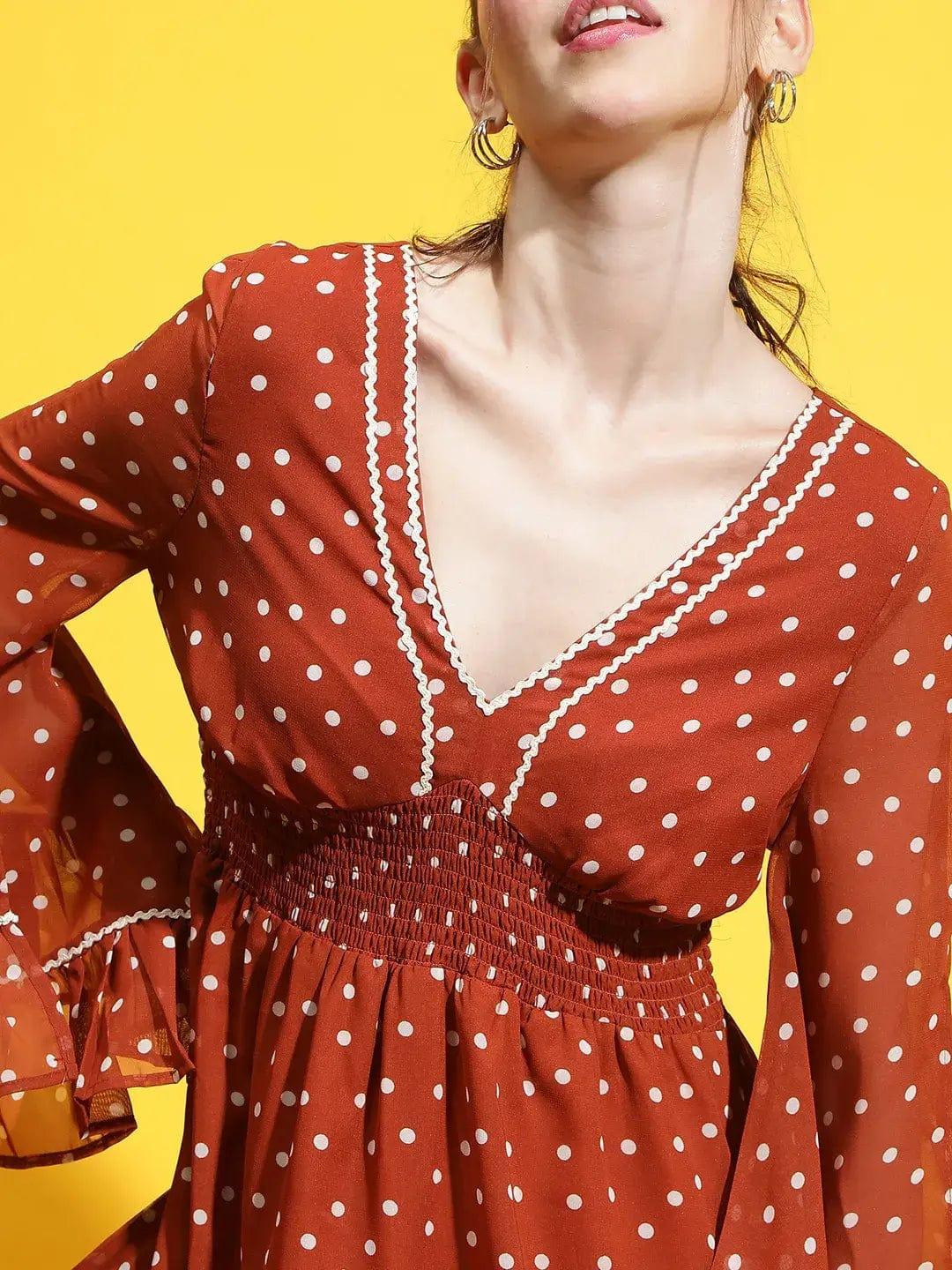 Matic Brown Polka Dot Print Smocked Lace Detailed Women Dress - Image 5