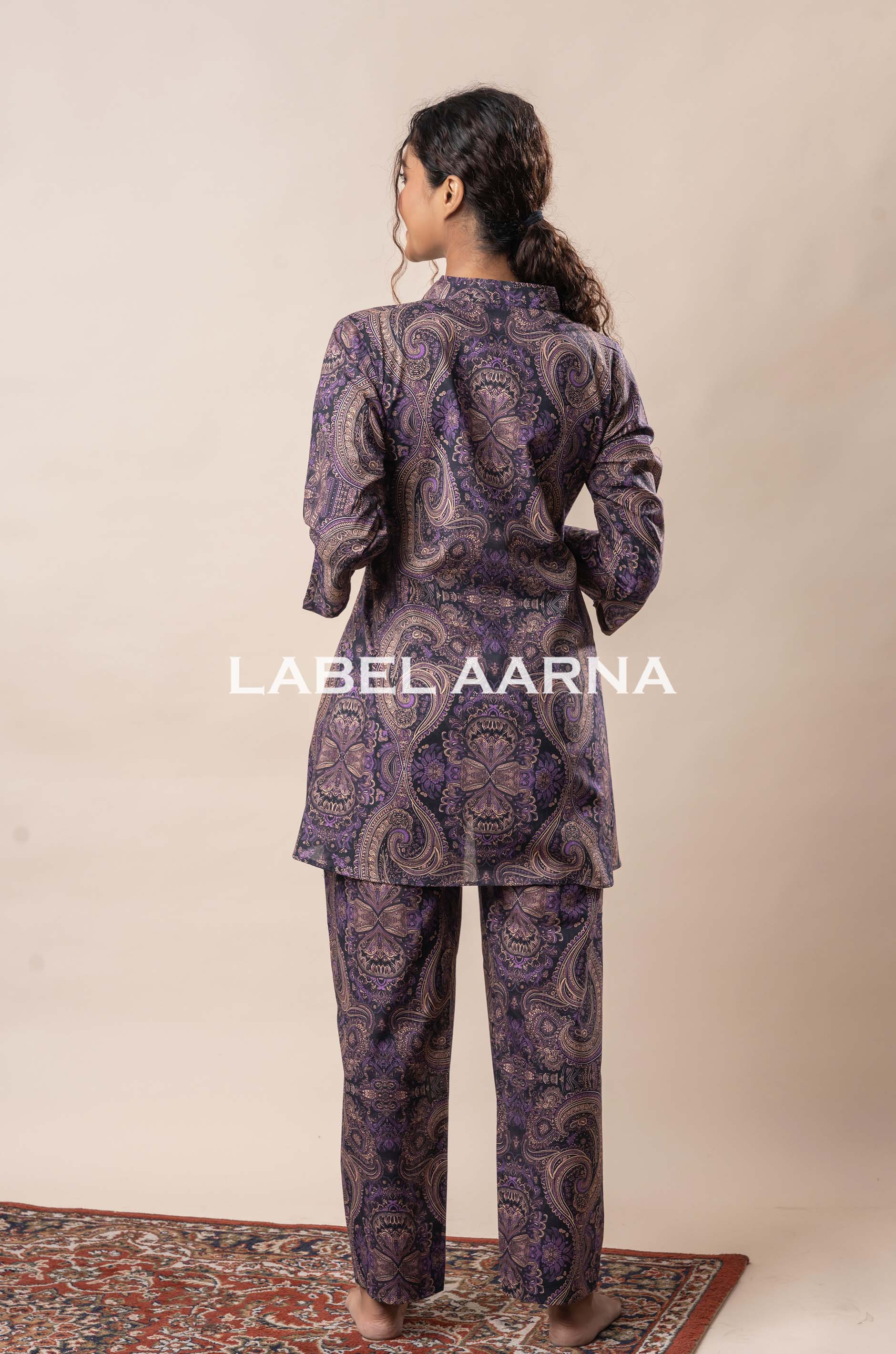 Mauve Purple Pure Cotton Printed Flared Co-Ord Set - Image 5
