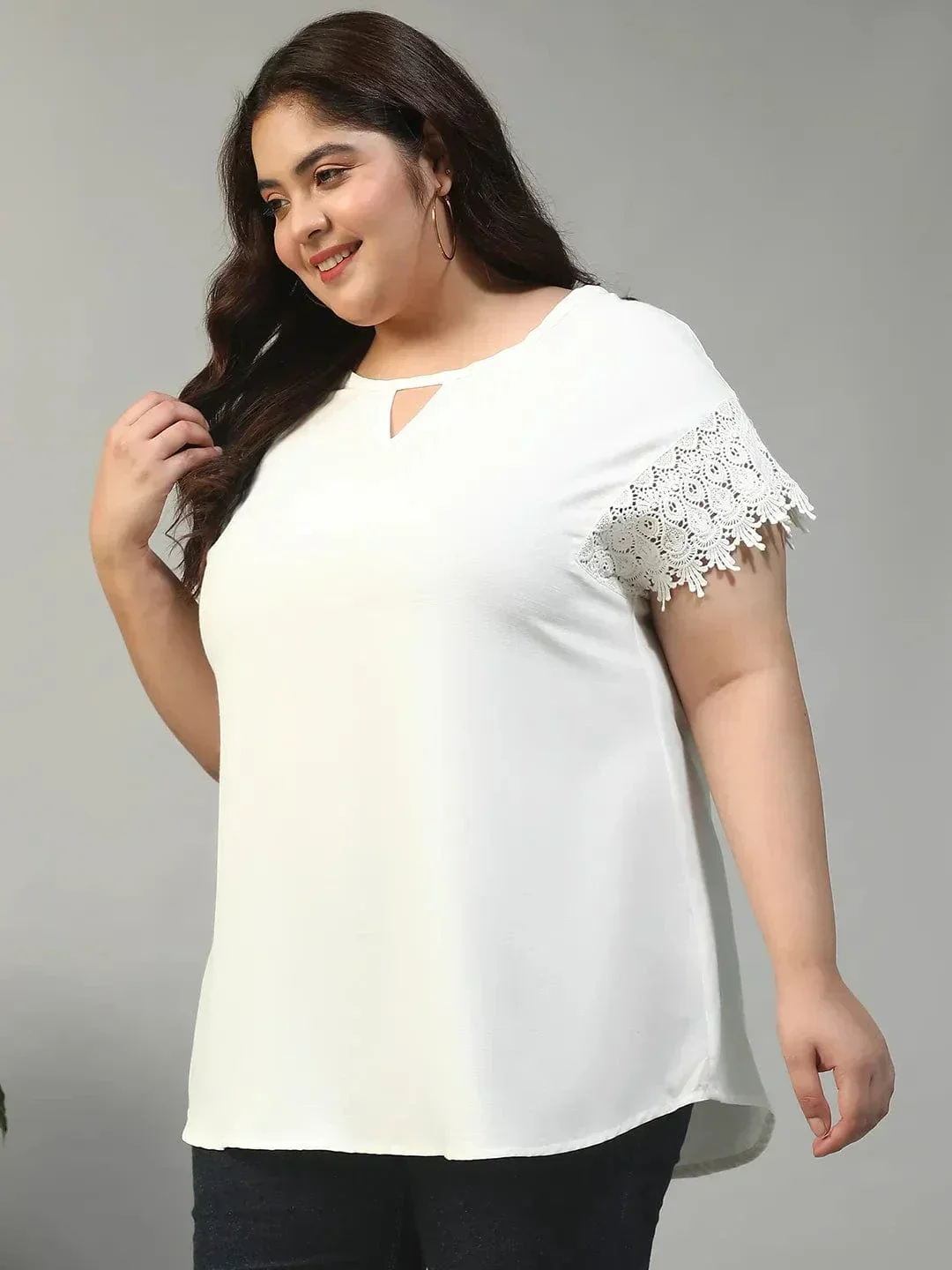 Mega White Key Hole Neck Short Lace Detail Sleeves Plus Size Women Top - Image 3
