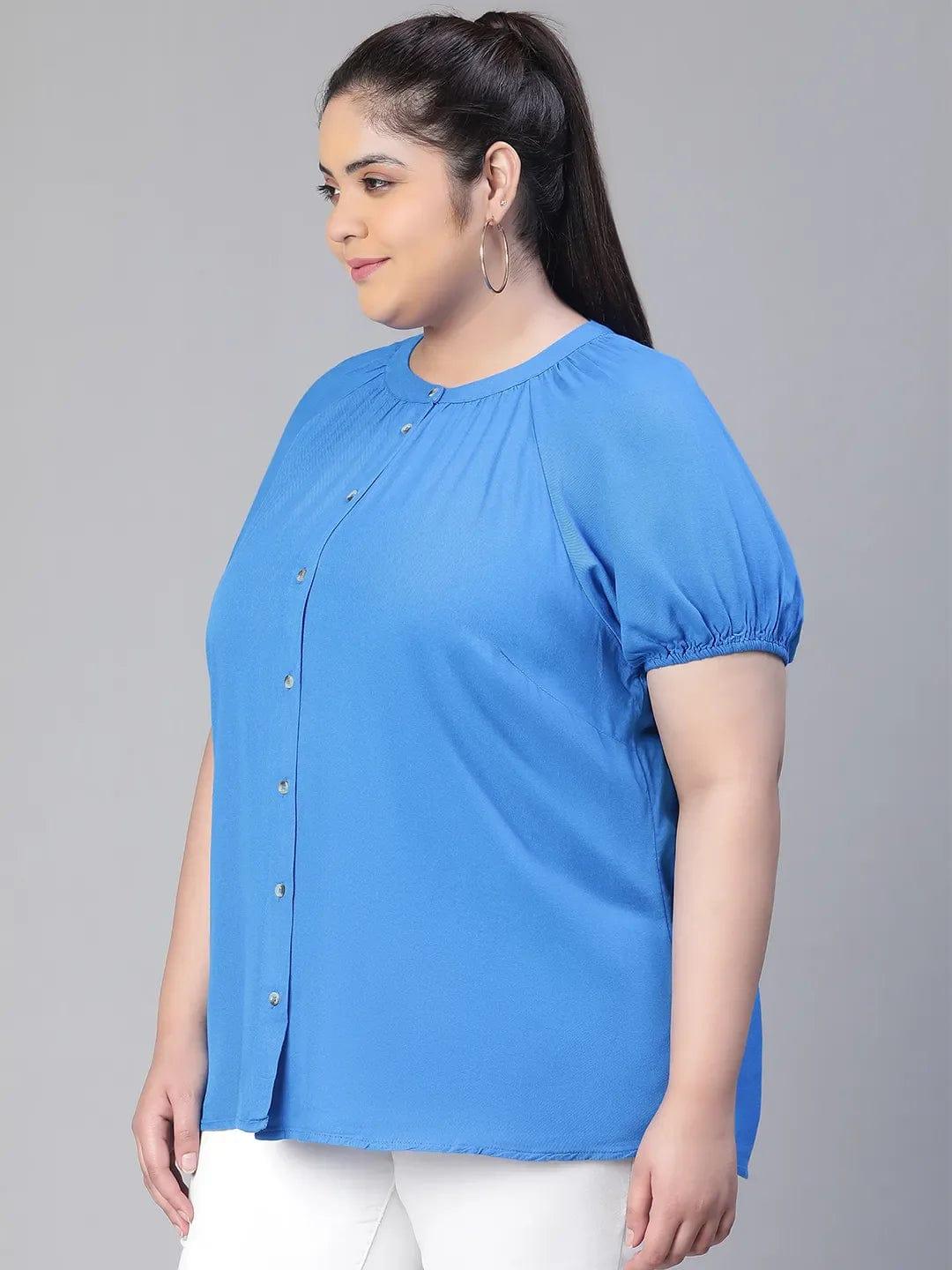 Meld Blue Solid Women Plus Size Shirt Loopy Top Today - Image 3