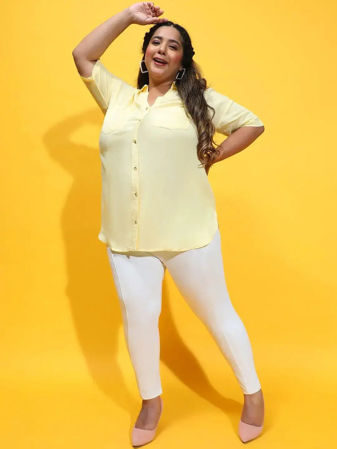 Melted Yellow Collared Button-Down Plus Size Shirt - Image 2
