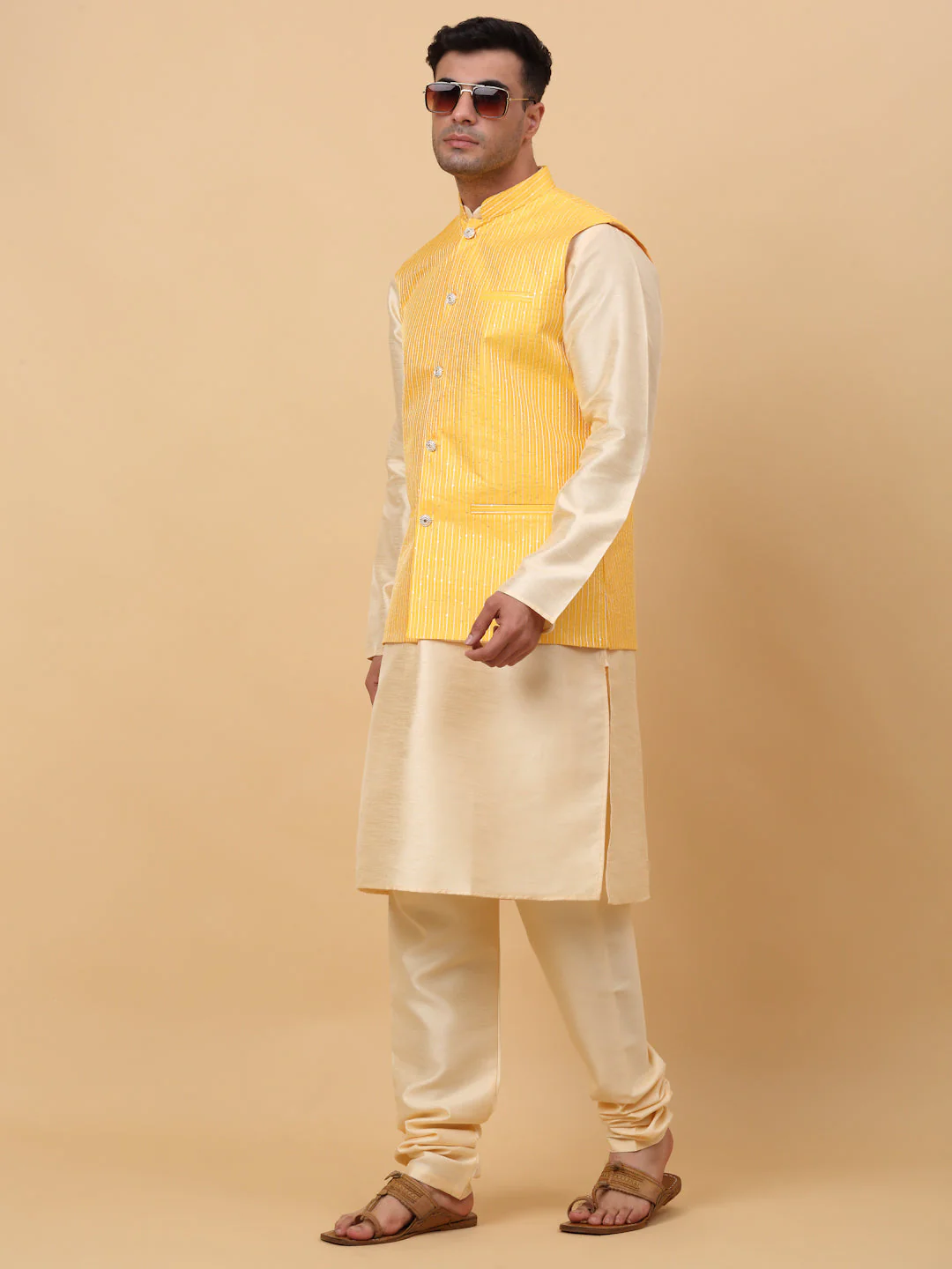 Men Beige Silk Blend Kurta, Churidar With SIlk Striped Nehru Jacket - Image 5