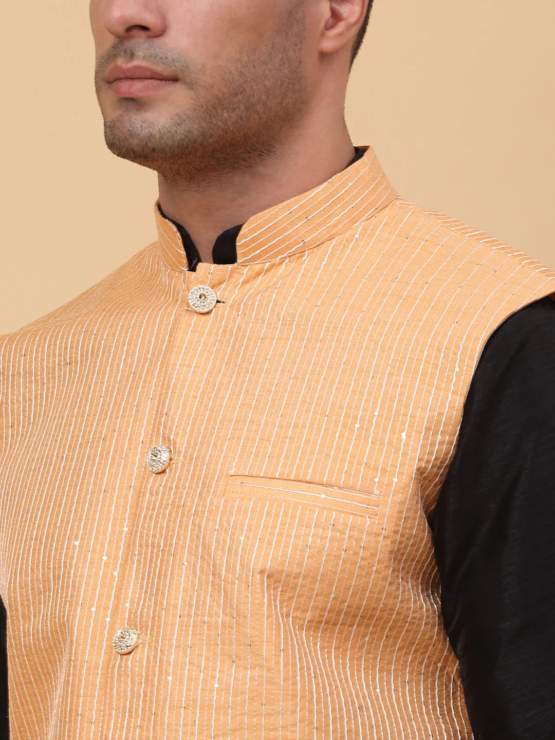 Men Black Silk Blend Kurta, Churidar With SIlk Striped Nehru Jacket - Image 11