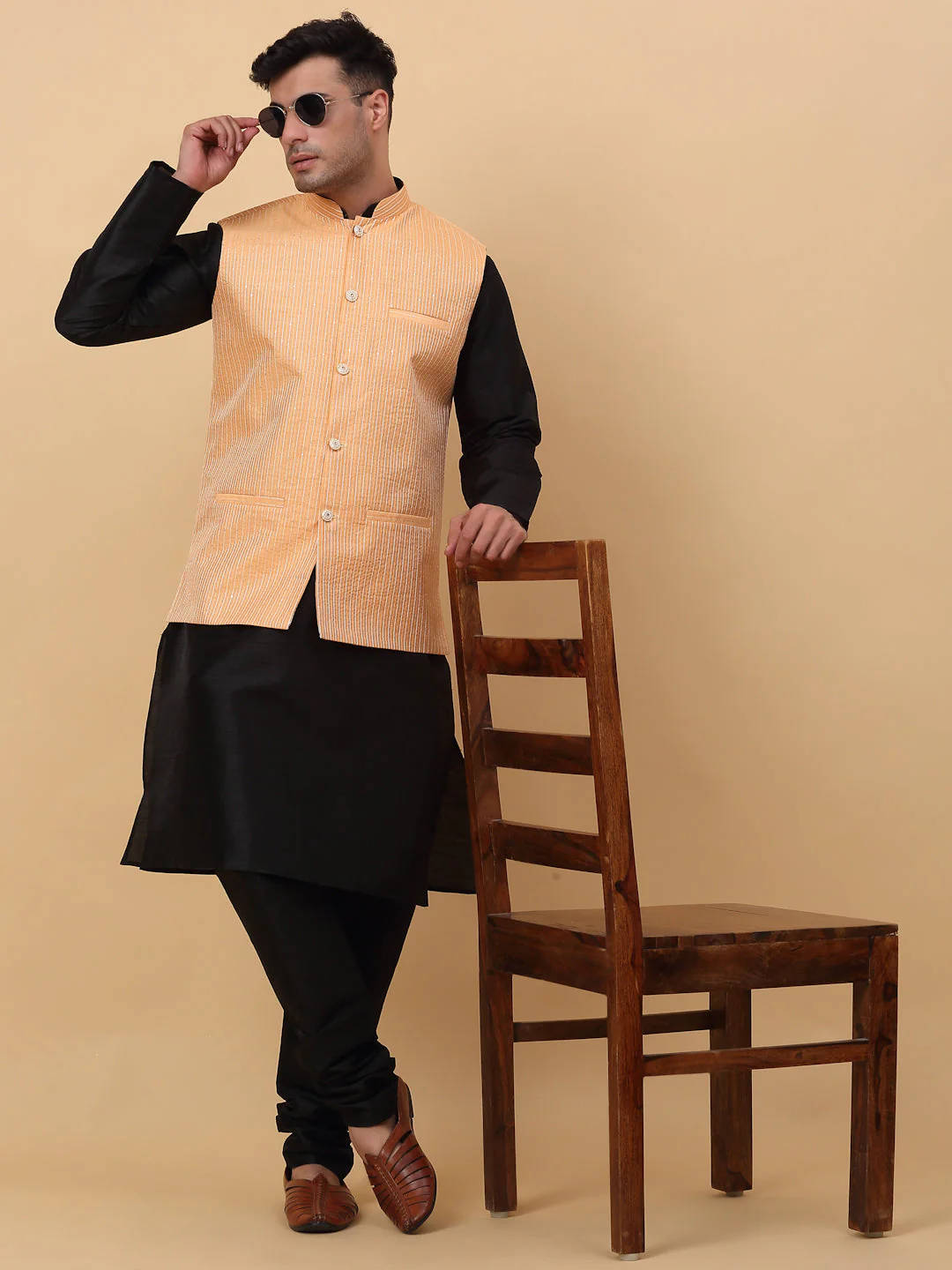 Men Black Silk Blend Kurta, Churidar With SIlk Striped Nehru Jacket - Image 12
