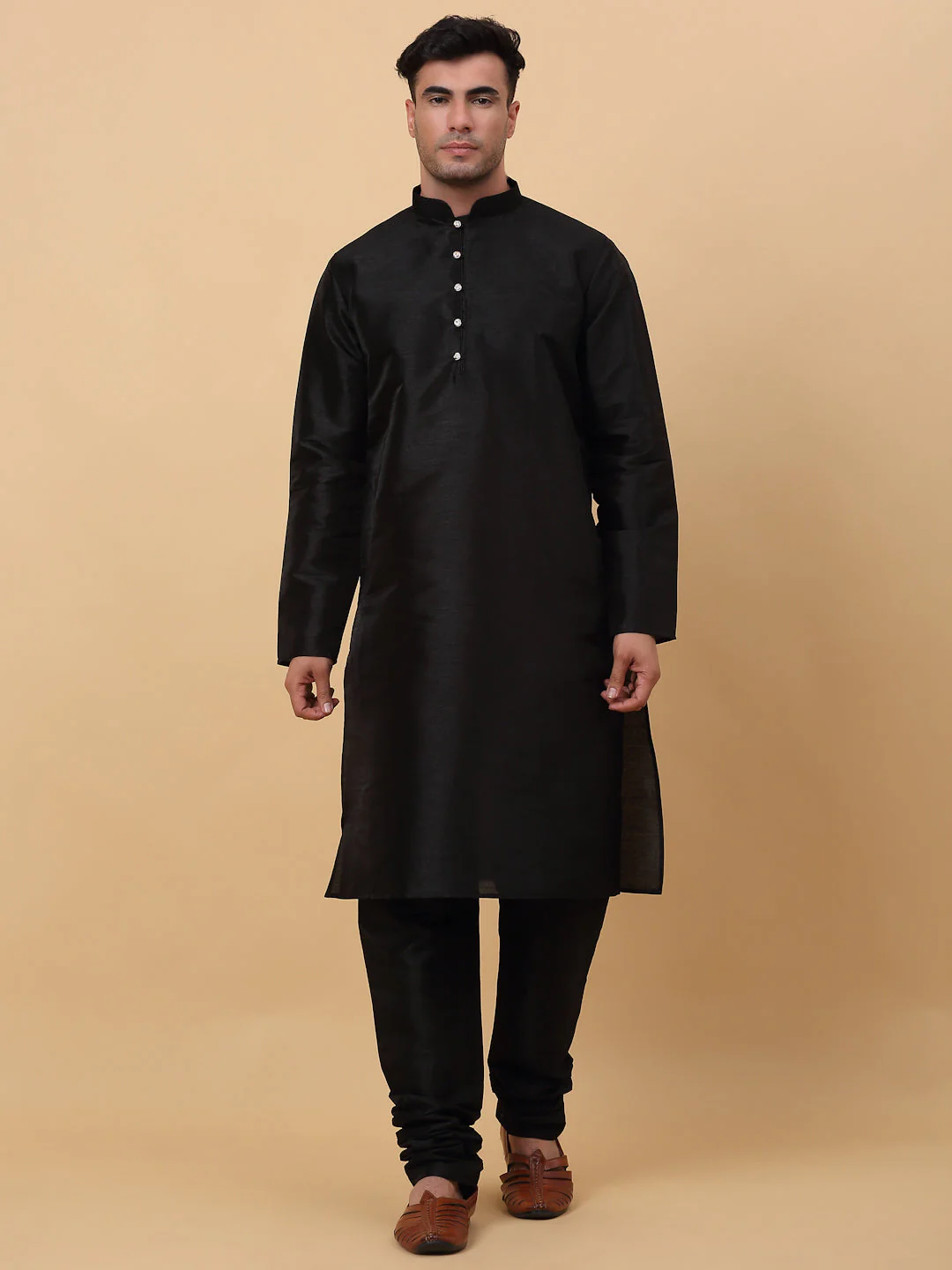 Men Black Silk Blend Kurta, Churidar With SIlk Striped Nehru Jacket - Image 13