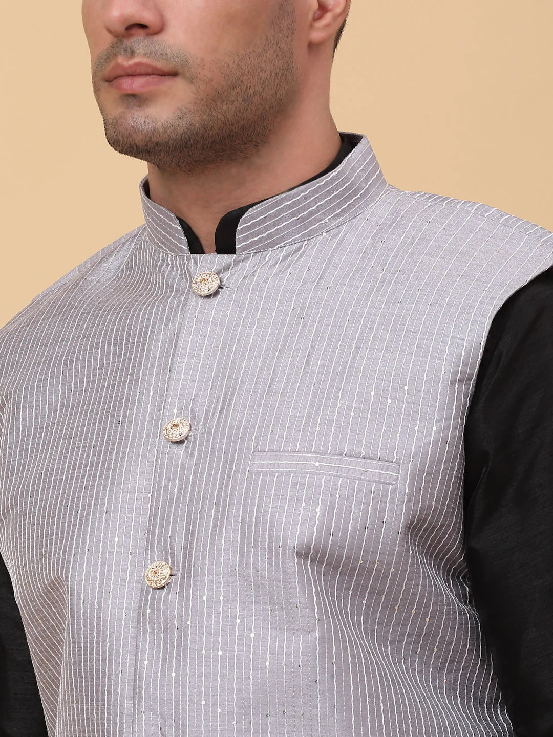 Men Black Silk Blend Kurta, Churidar With SIlk Striped Nehru Jacket - Image 4