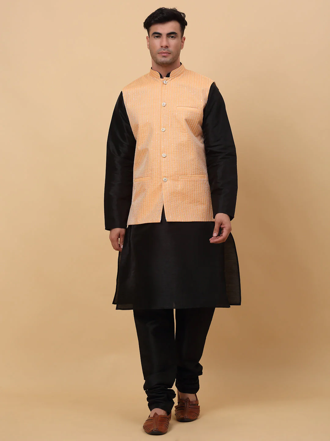 Men Black Silk Blend Kurta, Churidar With SIlk Striped Nehru Jacket - Image 8