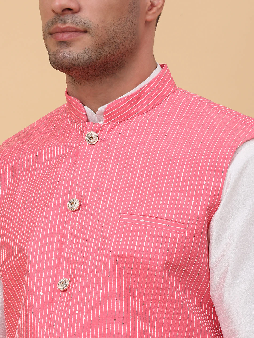 Men Cream Silk Blend Kurta, Churidar With SIlk Striped Nehru Jacket - Image 11