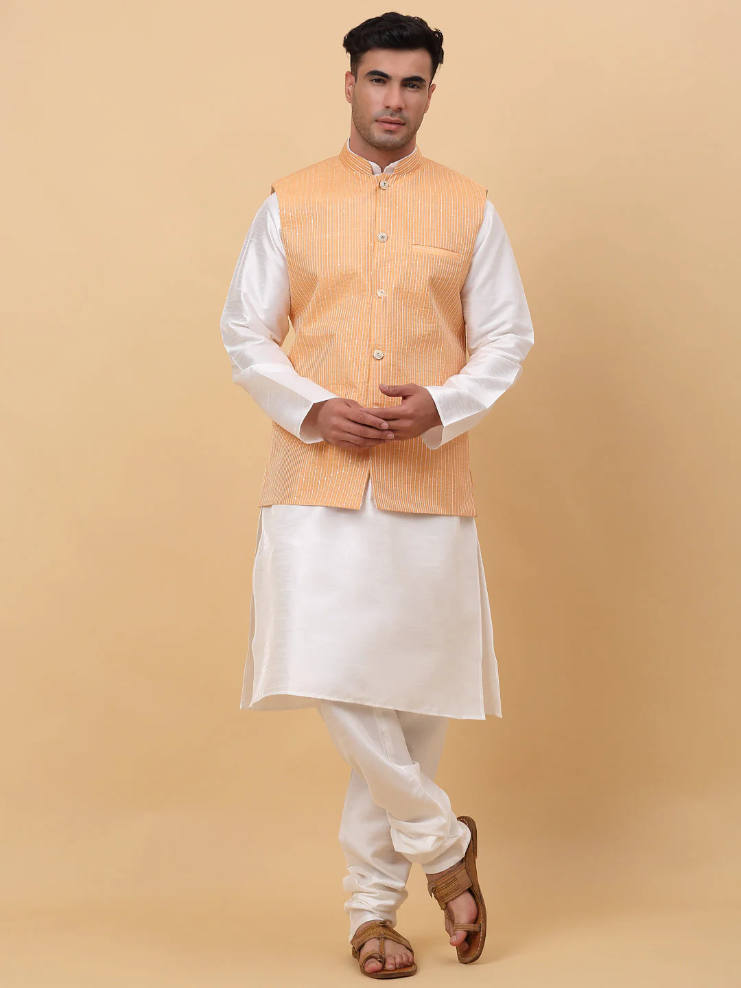 Men Cream Silk Blend Kurta, Churidar With SIlk Striped Nehru Jacket - Image 139