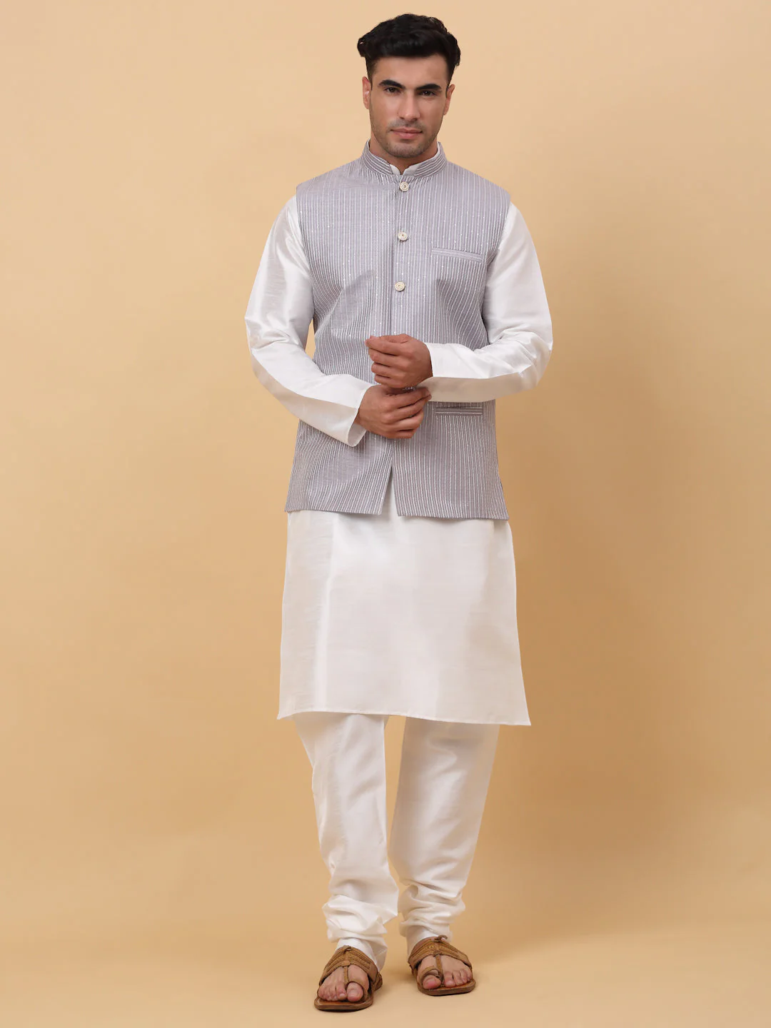 Men Cream Silk Blend Kurta, Churidar With SIlk Striped Nehru Jacket - Image 151