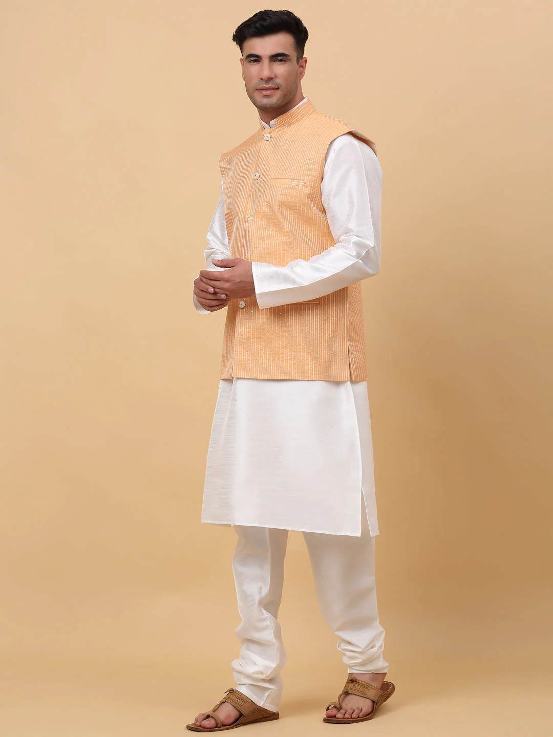 Men Cream Silk Blend Kurta, Churidar With SIlk Striped Nehru Jacket - Image 17