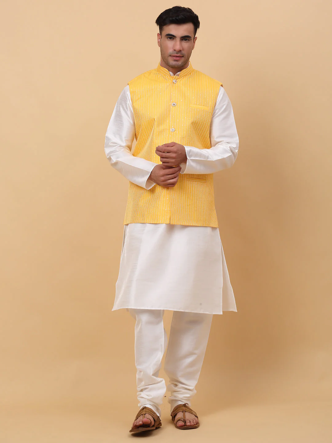Men Cream Silk Blend Kurta, Churidar With SIlk Striped Nehru Jacket - Image 176