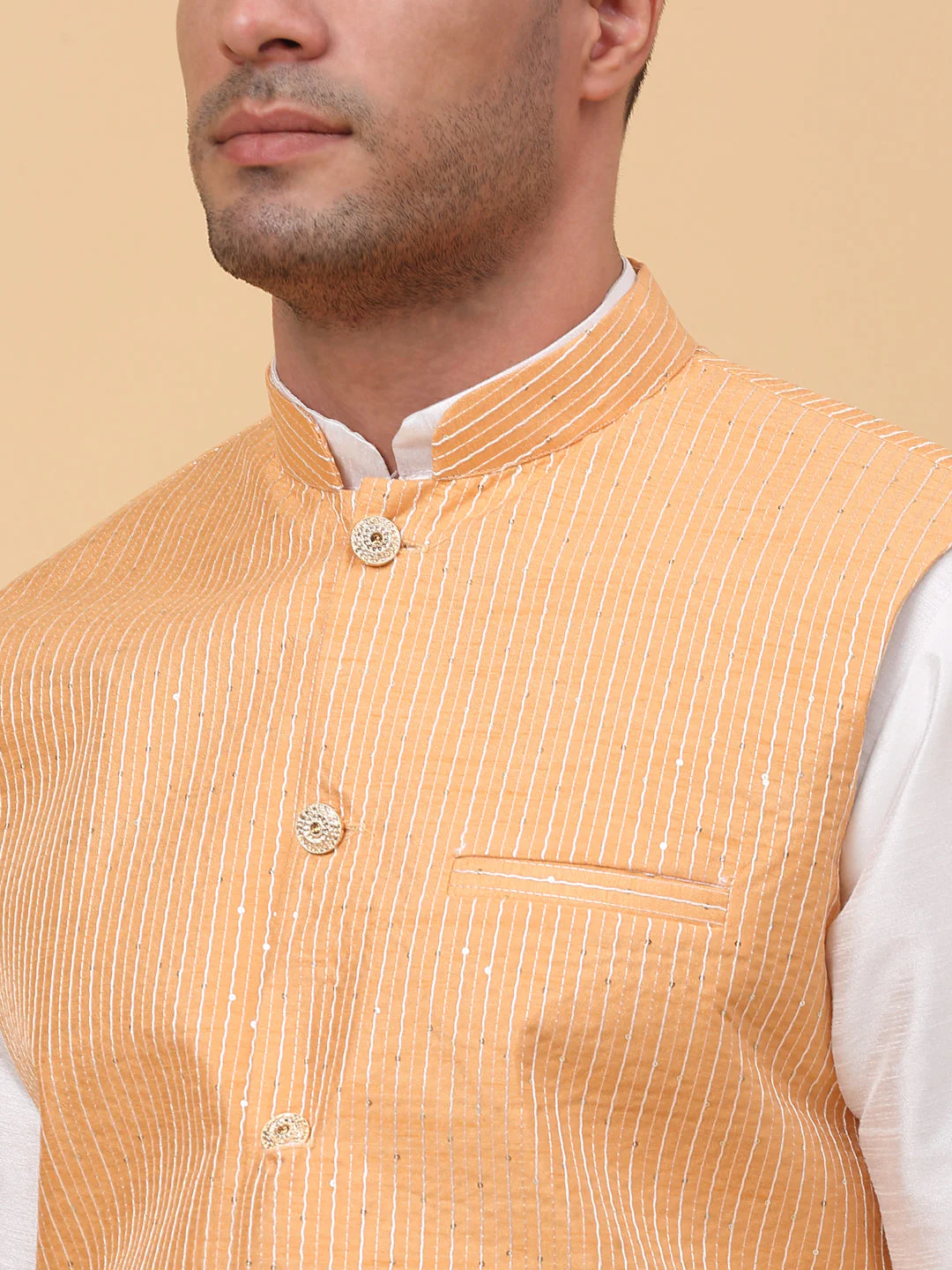 Men Cream Silk Blend Kurta, Churidar With SIlk Striped Nehru Jacket - Image 18