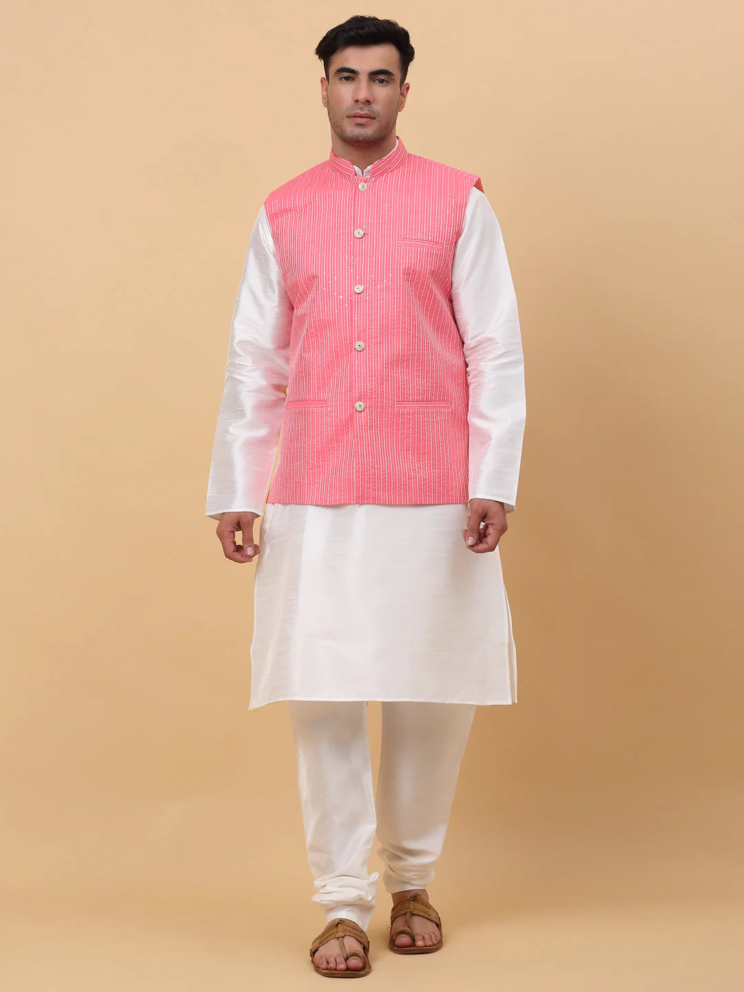 Men Cream Silk Blend Kurta, Churidar With SIlk Striped Nehru Jacket - Image 199