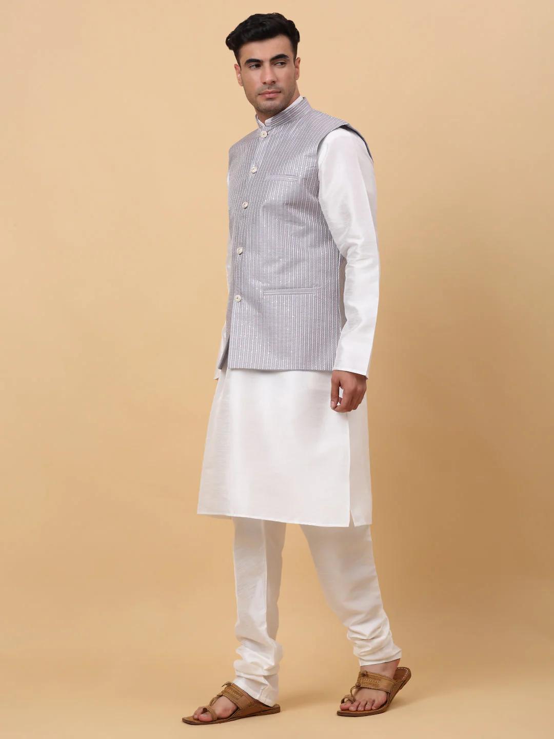 Men Cream Silk Blend Kurta, Churidar With SIlk Striped Nehru Jacket - Image 24