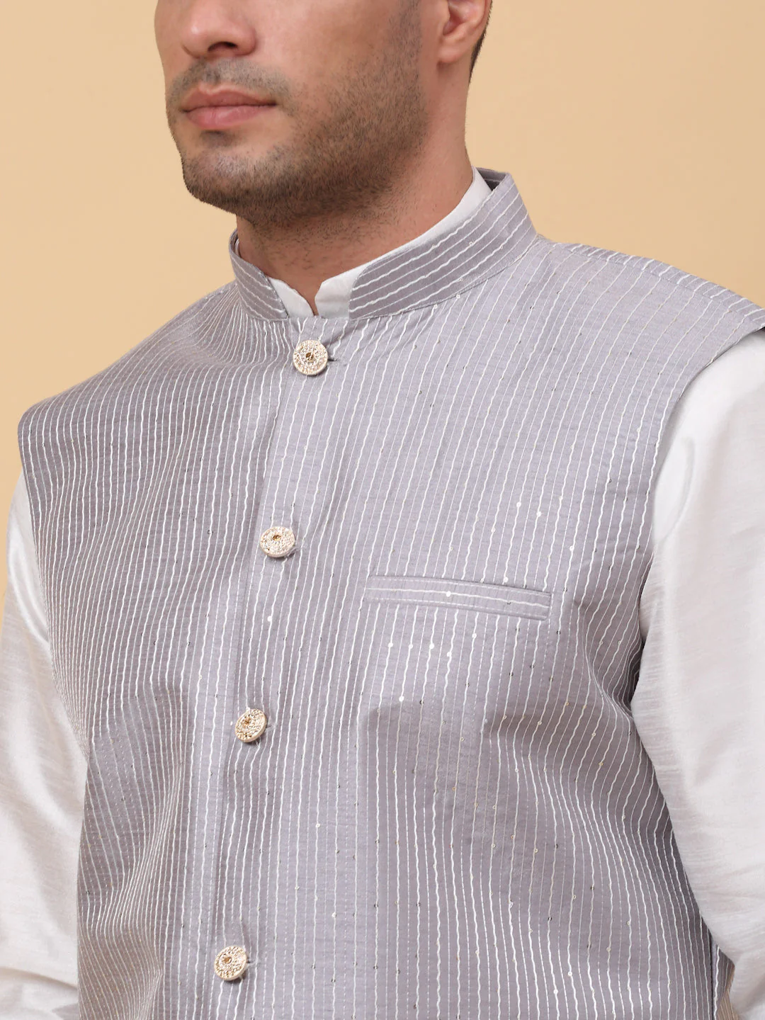 Men Cream Silk Blend Kurta, Churidar With SIlk Striped Nehru Jacket - Image 25