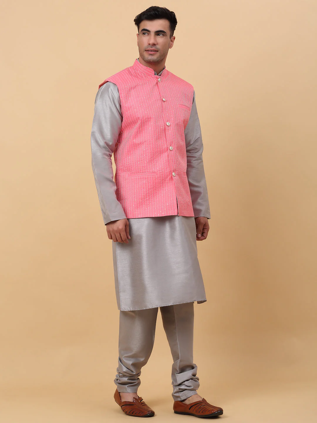Men Grey Silk Blend Kurta, Churidar With SIlk Striped Nehru Jacket - Image 10