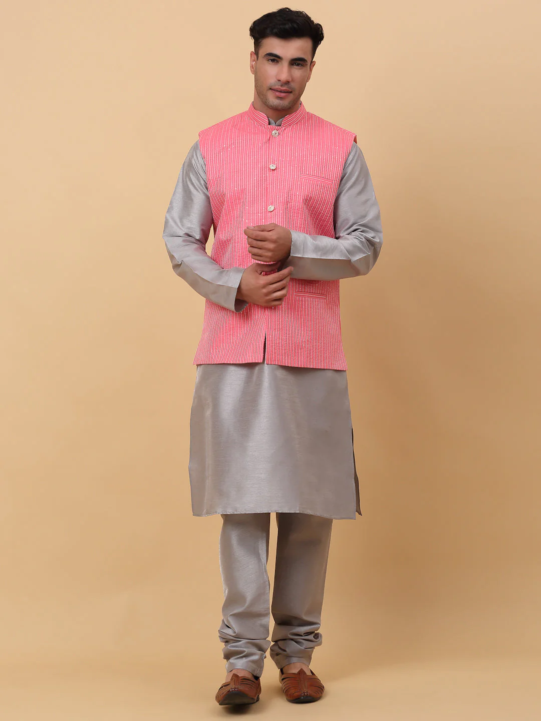 Men Grey Silk Blend Kurta, Churidar With SIlk Striped Nehru Jacket - Image 17