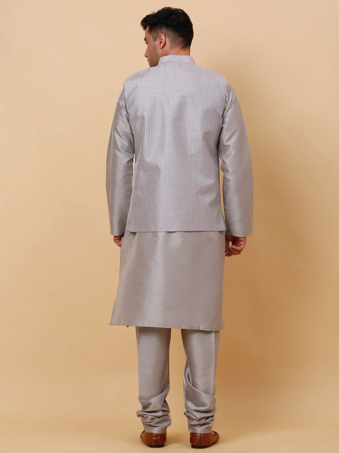 Men Grey Silk Blend Kurta, Churidar With SIlk Striped Nehru Jacket - Image 2