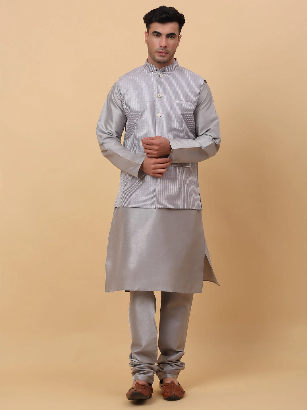 Men Grey Silk Blend Kurta, Churidar With SIlk Striped Nehru Jacket - Image 3